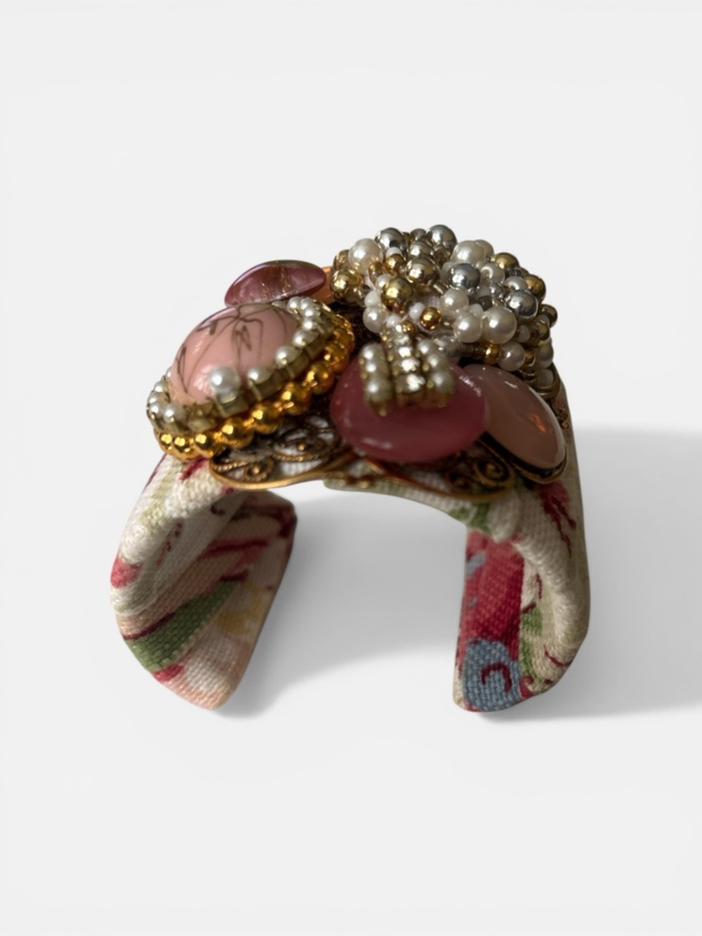 Boho Floral Fabric Cuff Bracelet w/ Faux Pearls & Pink Cabochon Statement Piece